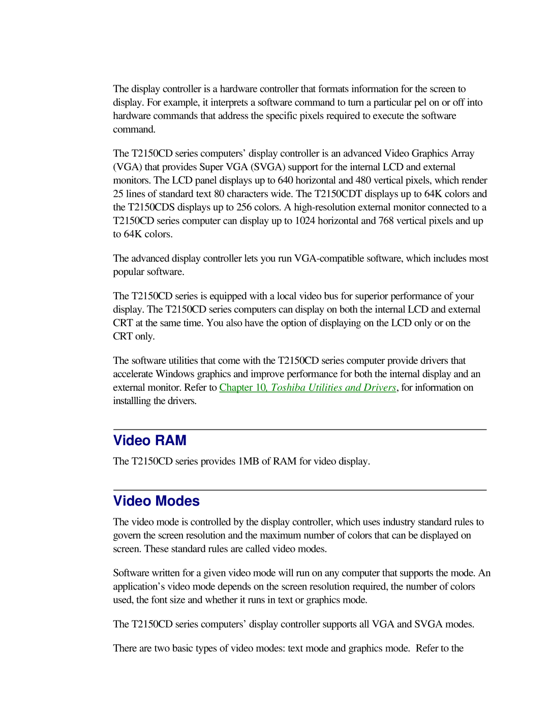 Toshiba T2150CD user manual Video RAM, Video Modes 