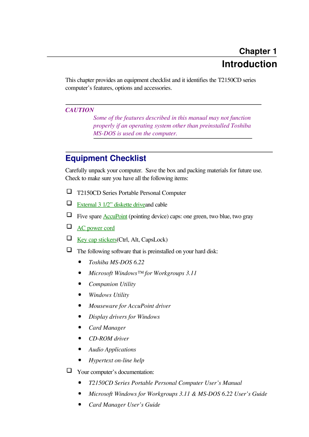 Toshiba T2150CD user manual Introduction, Equipment Checklist 