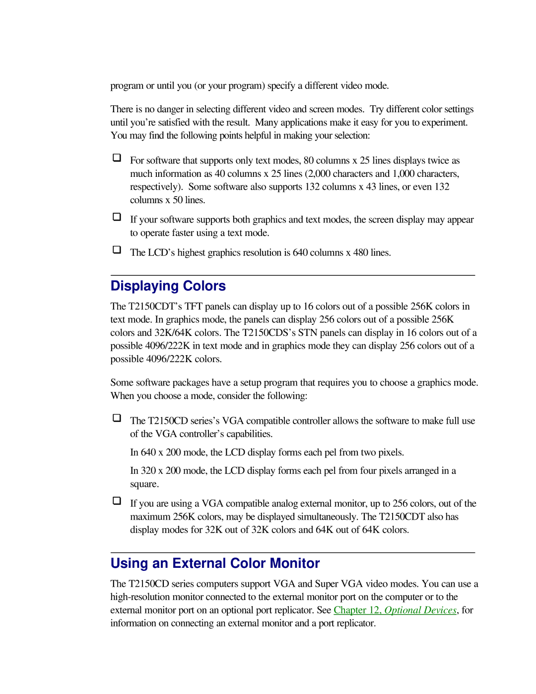 Toshiba T2150CD user manual Displaying Colors, Using an External Color Monitor 