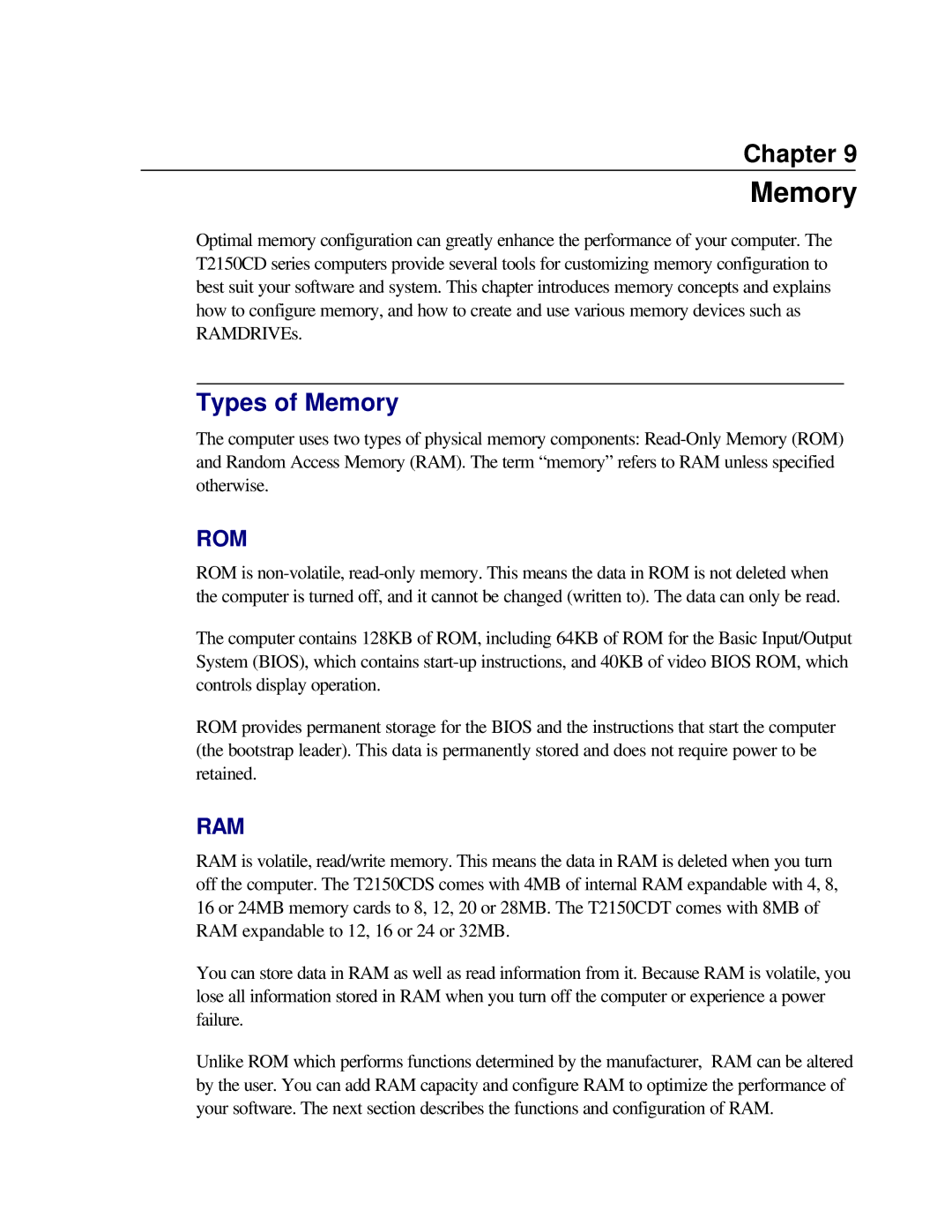 Toshiba T2150CD user manual Types of Memory 