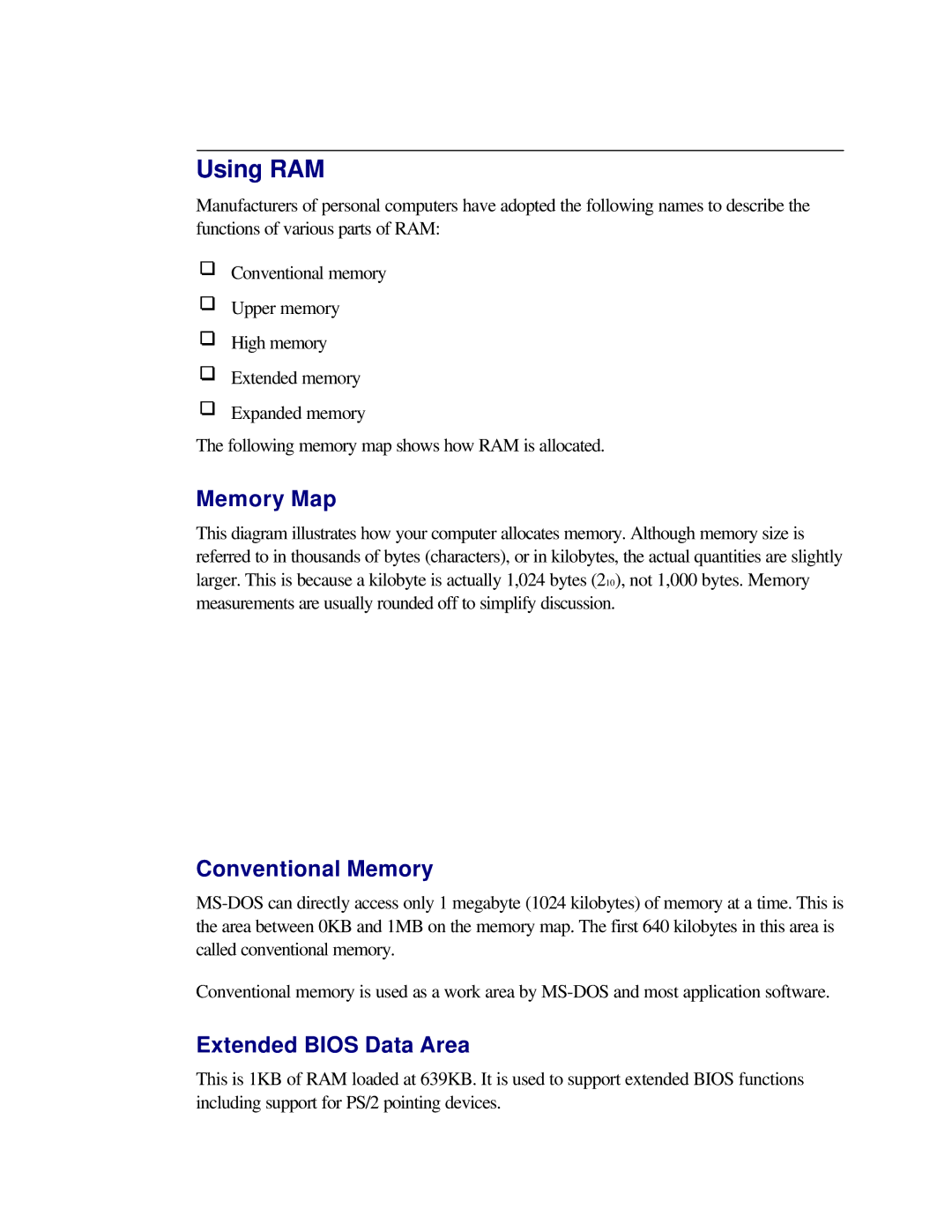 Toshiba T2150CD user manual Using RAM, Memory Map, Conventional Memory, Extended Bios Data Area 