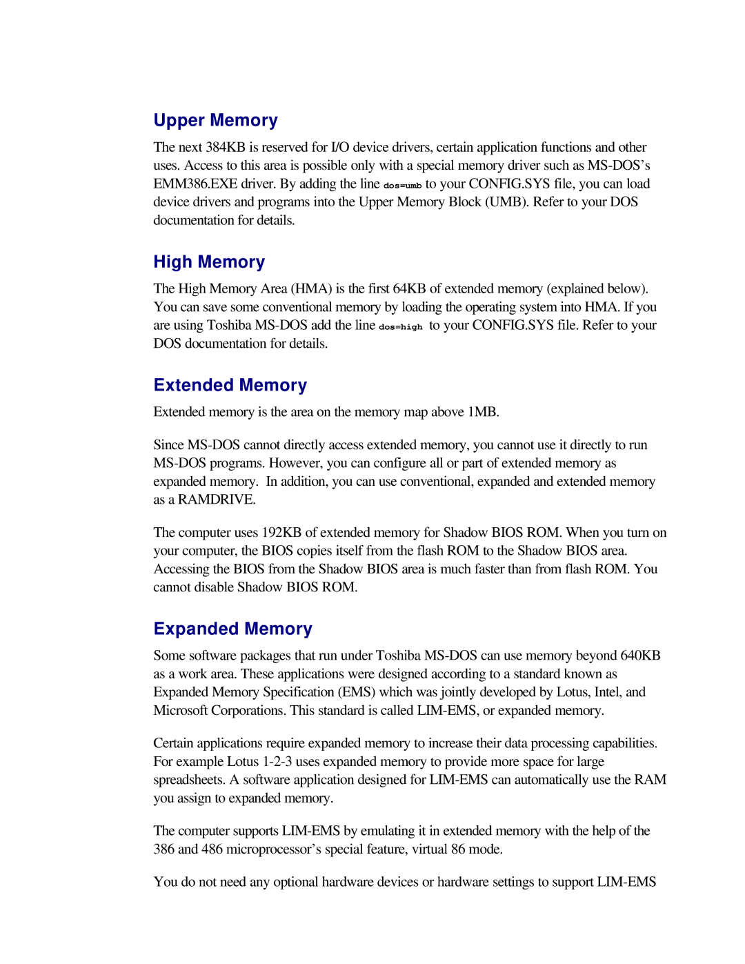 Toshiba T2150CD user manual Upper Memory, High Memory, Extended Memory, Expanded Memory 