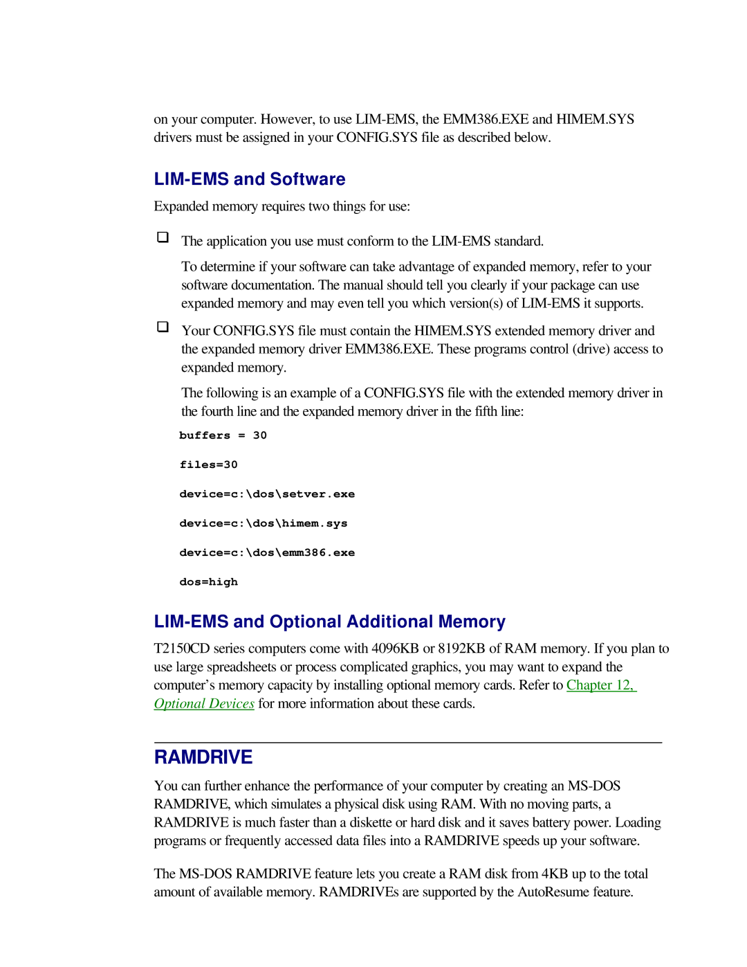 Toshiba T2150CD user manual LIM-EMS and Software, LIM-EMS and Optional Additional Memory 