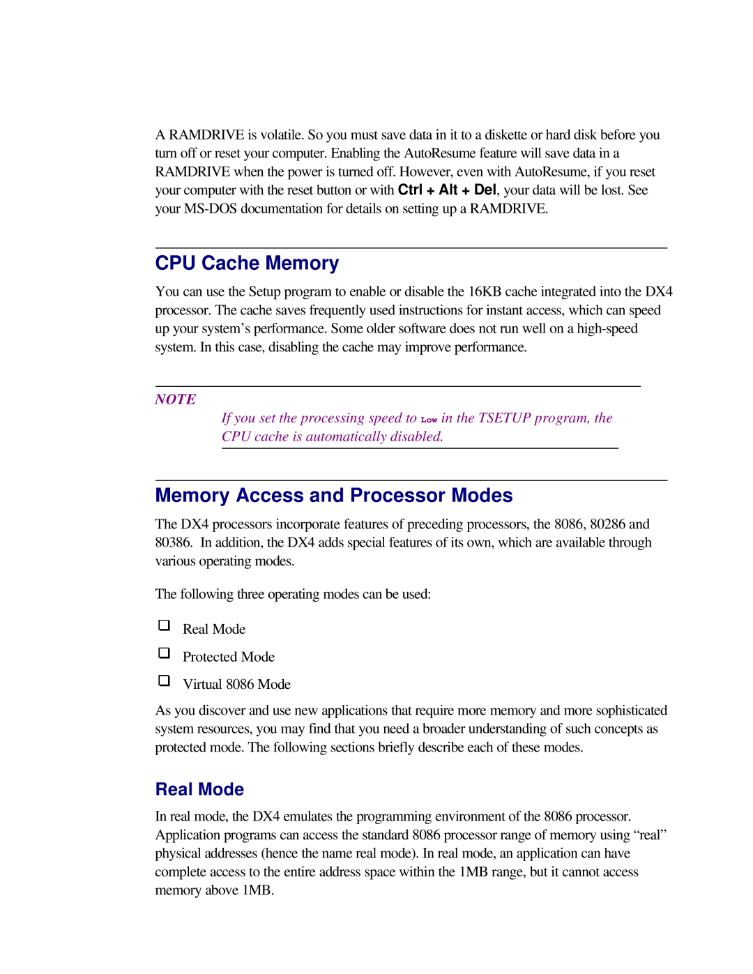 Toshiba T2150CD user manual CPU Cache Memory, Memory Access and Processor Modes, Real Mode 