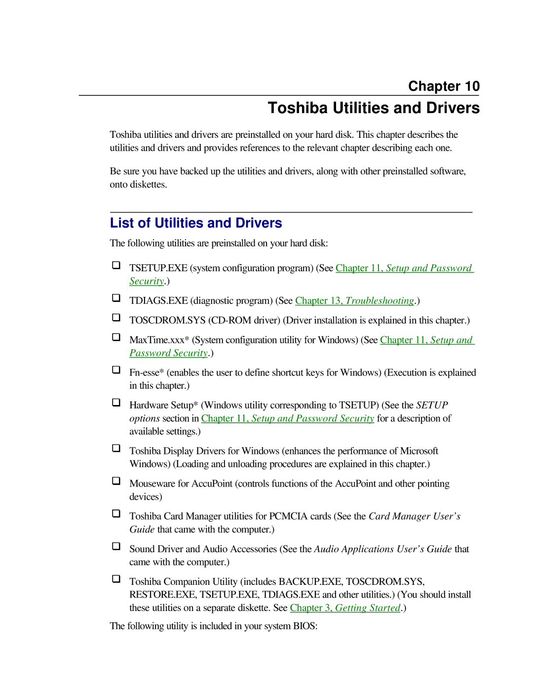 Toshiba T2150CD user manual Toshiba Utilities and Drivers, List of Utilities and Drivers 