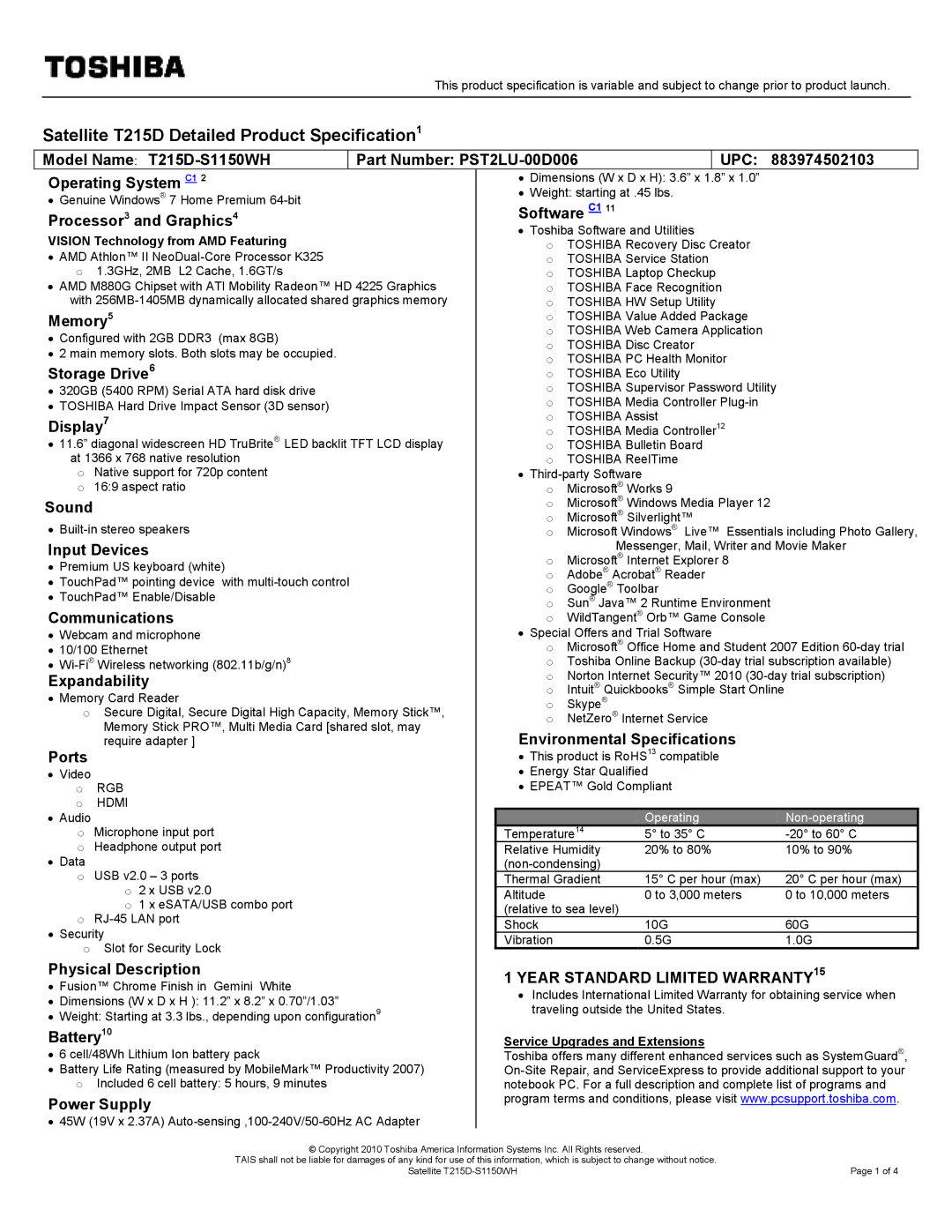 Toshiba dimensions Model Name T215D-S1150WH Part Number PST2LU-00D006, 883974502103, Operating System C1, Memory, Sound 