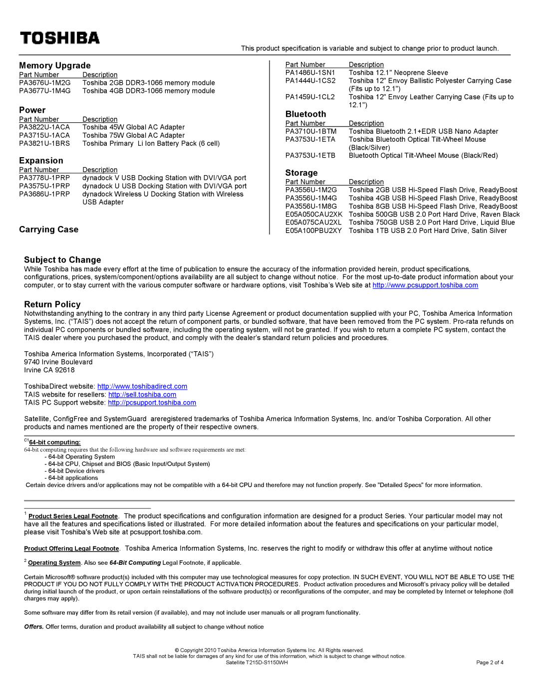 Toshiba T215D-S1150WH Memory Upgrade, Power, Expansion, Carrying Case Subject to Change, Bluetooth, Storage, Return Policy 