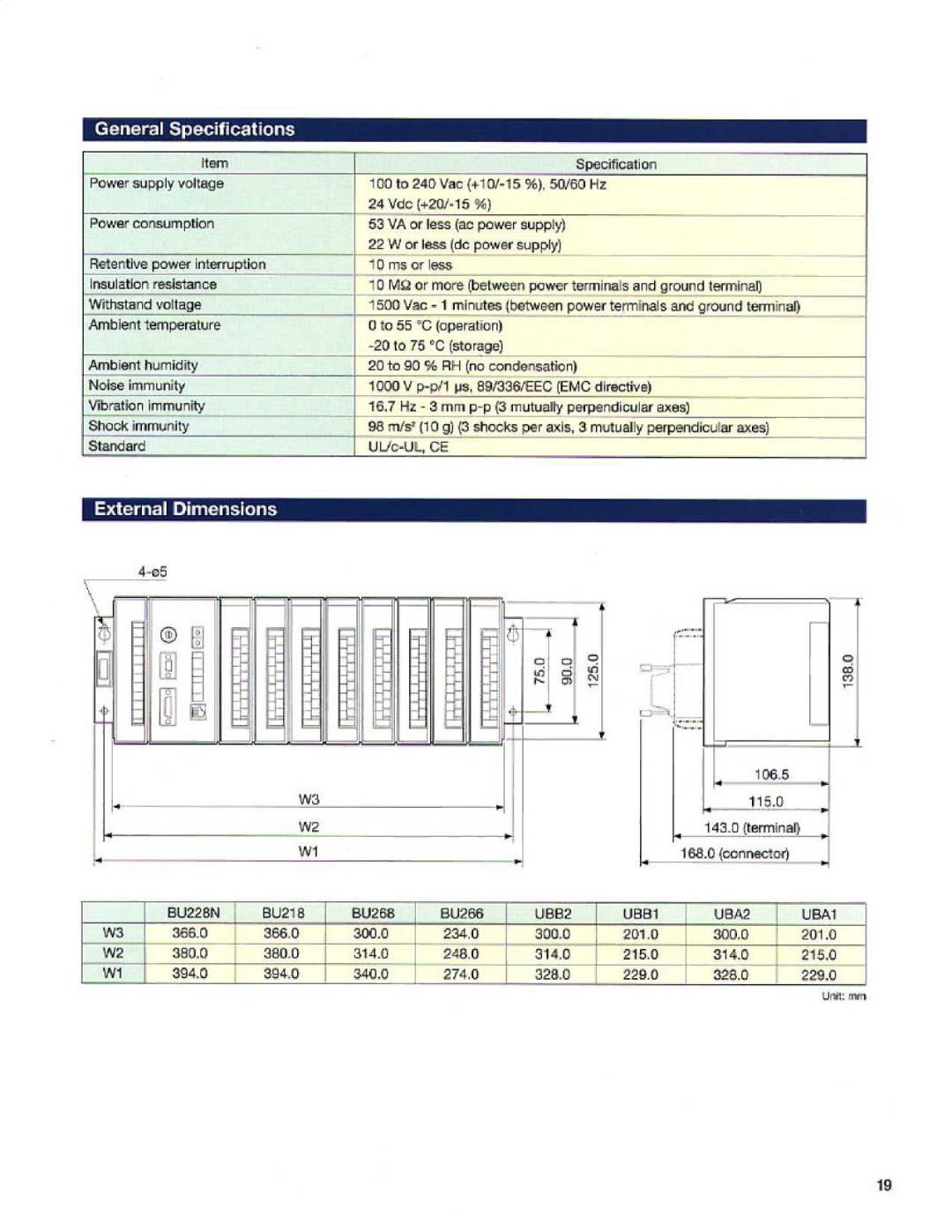 Toshiba T2E manual General Specifications, External Dimensions, FT F VV3, VV1, UBB2 UBB1 UBA2 UBA1 