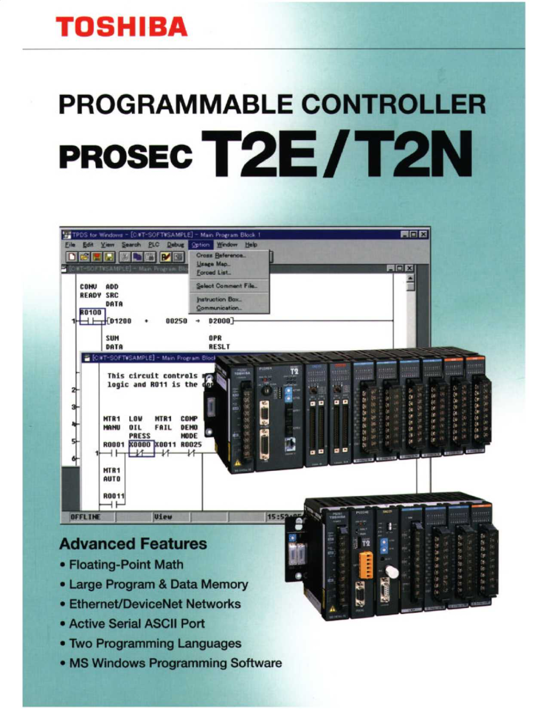 Toshiba T2E manual Toshiba Programmable Controller, Floating-Point Math, Large Program Data Memory, Programming Software 