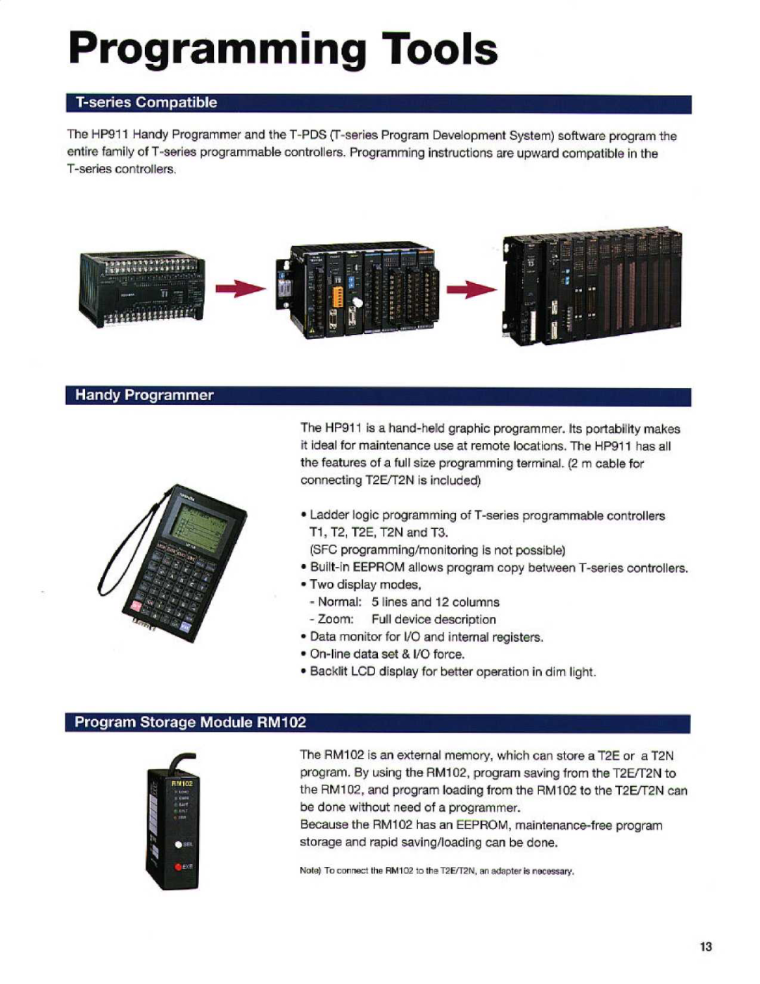 Toshiba T2E manual Programming Tools, T-series Compatible, Handy Programmer, Program Storage Module RM102 