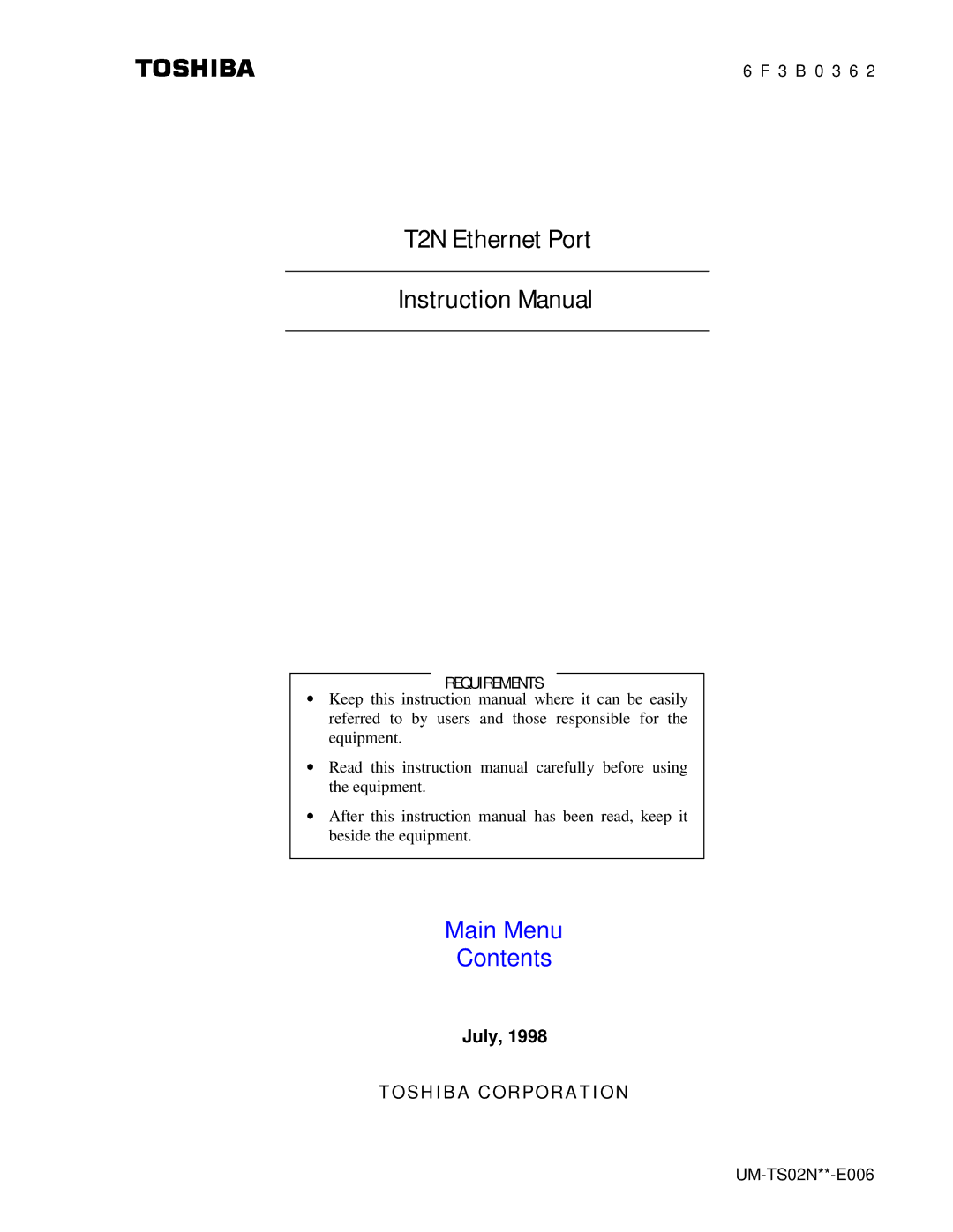 Toshiba instruction manual T2N Ethernet Port 