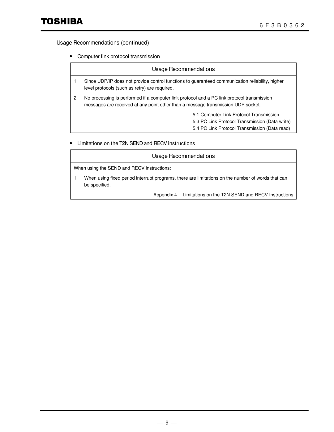 Toshiba T2N instruction manual 3 B 0 3 6 Usage Recommendations, ∙ Computer link protocol transmission 