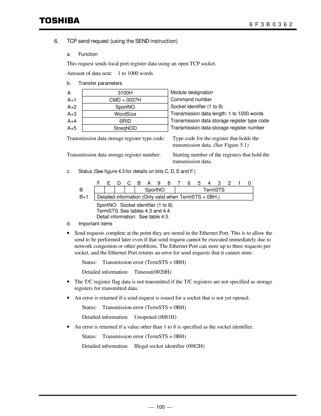 Toshiba T2N instruction manual 3 B 0 3 6 TCP send request using the Send instruction, Function 