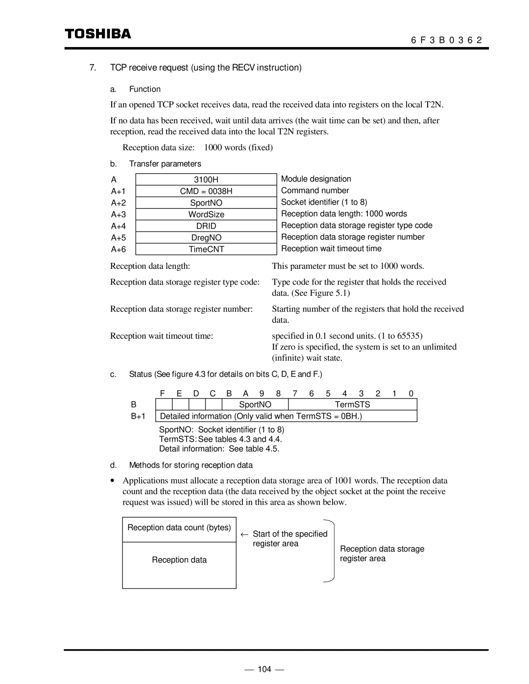 Toshiba T2N instruction manual 3 B 0 3 6 TCP receive request using the Recv instruction, Function 