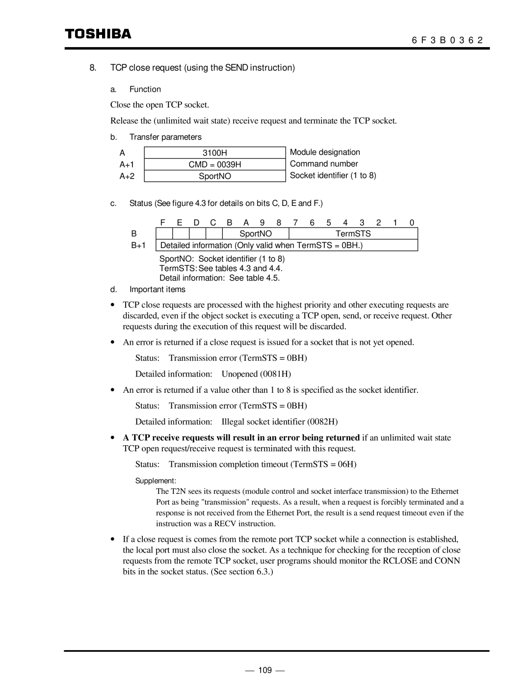 Toshiba T2N instruction manual 3 B 0 3 6 TCP close request using the Send instruction, Function 