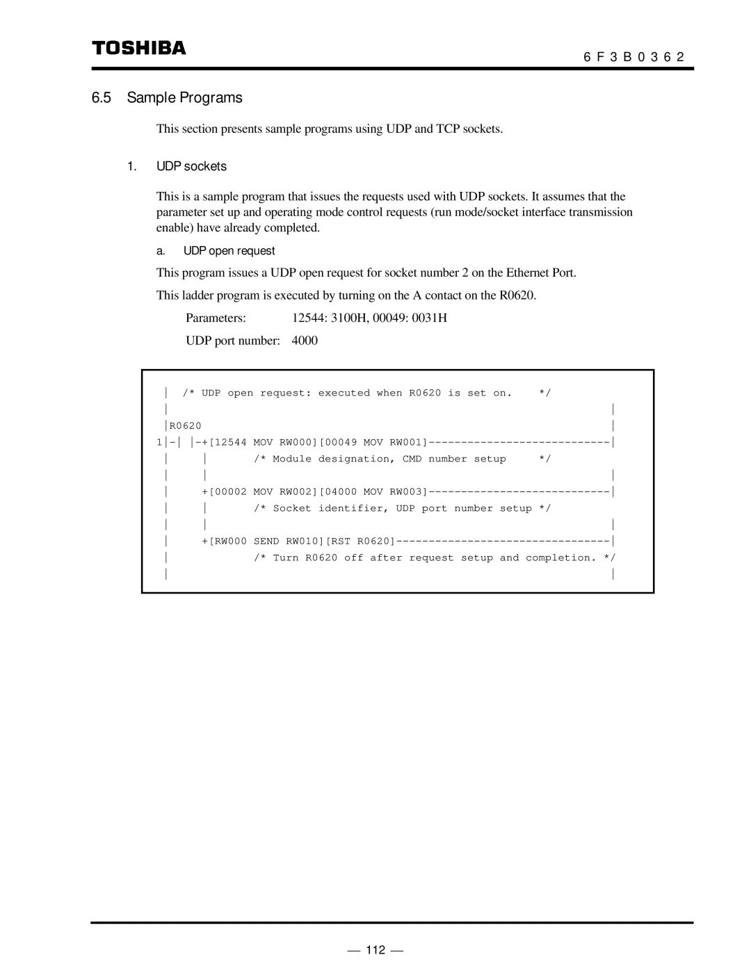 Toshiba T2N instruction manual Sample Programs, UDP sockets, UDP open request 