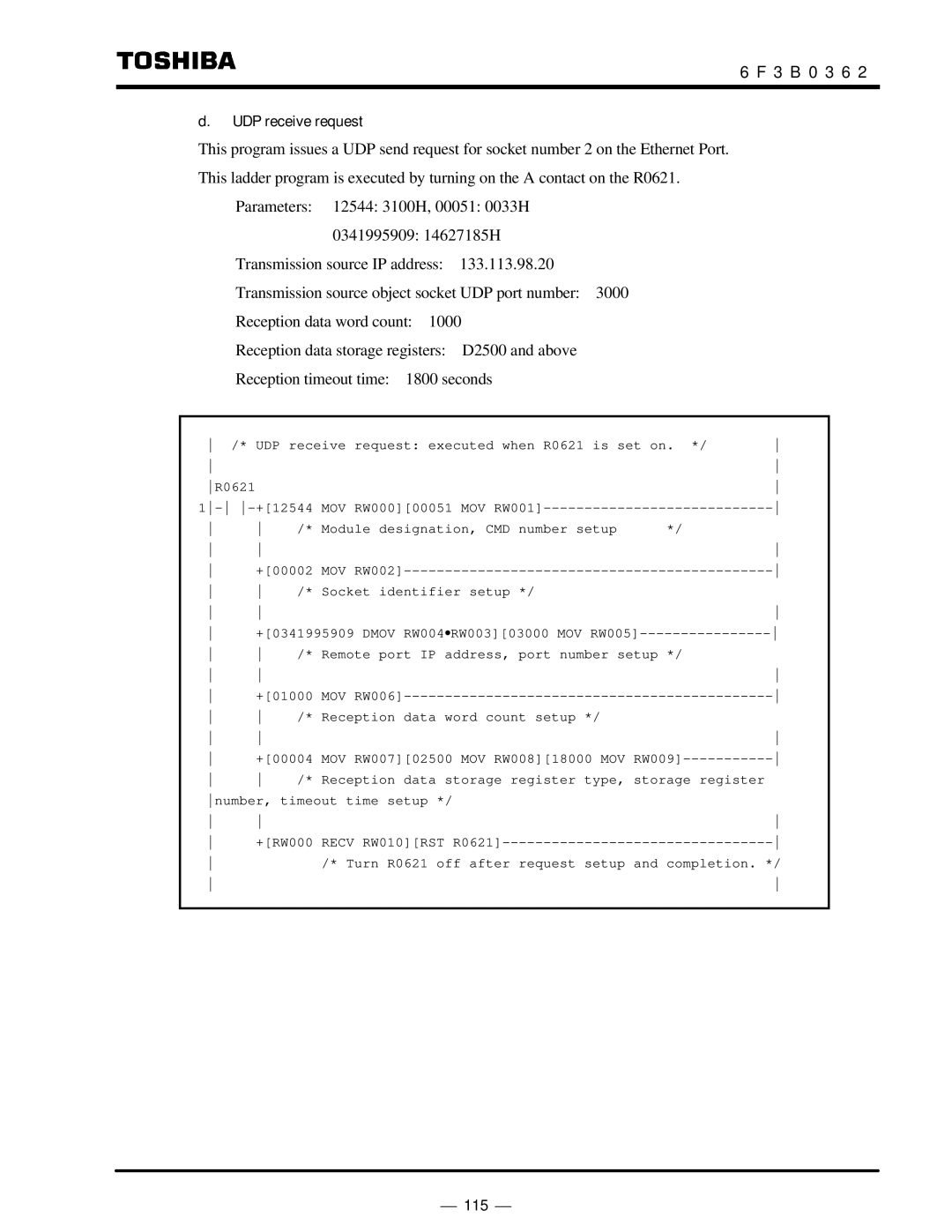 Toshiba T2N instruction manual UDP receive request 