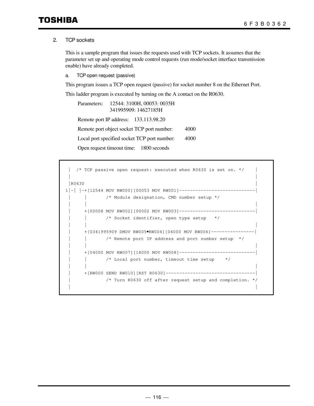 Toshiba T2N instruction manual 3 B 0 3 6 TCP sockets, TCP open request passive 