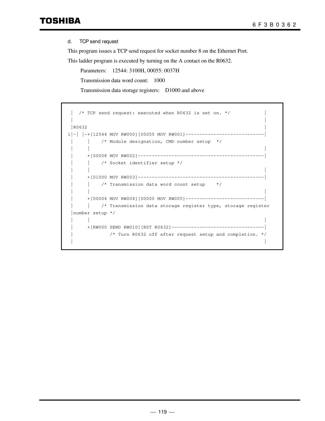 Toshiba T2N instruction manual TCP send request 