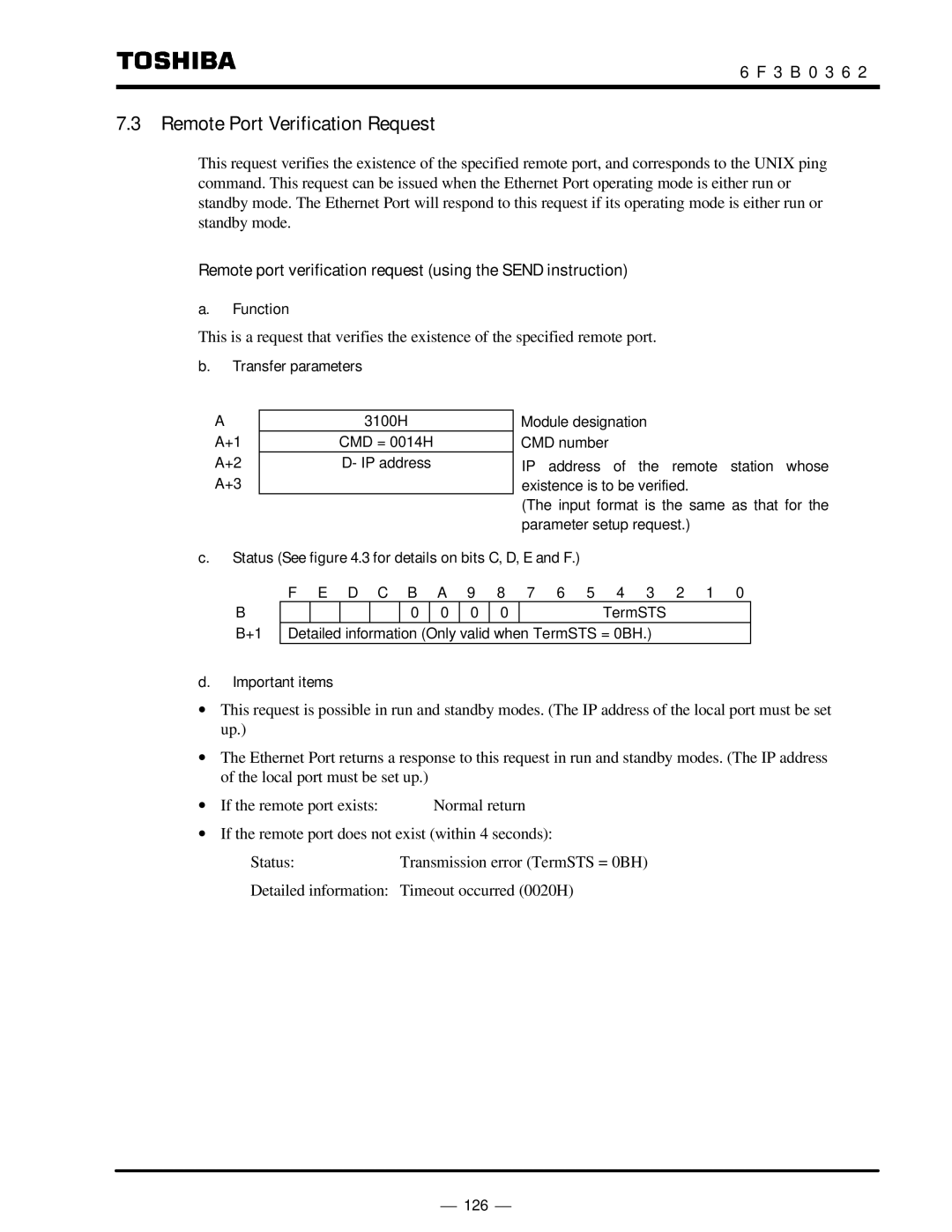 Toshiba T2N Remote Port Verification Request, Remote port verification request using the Send instruction 