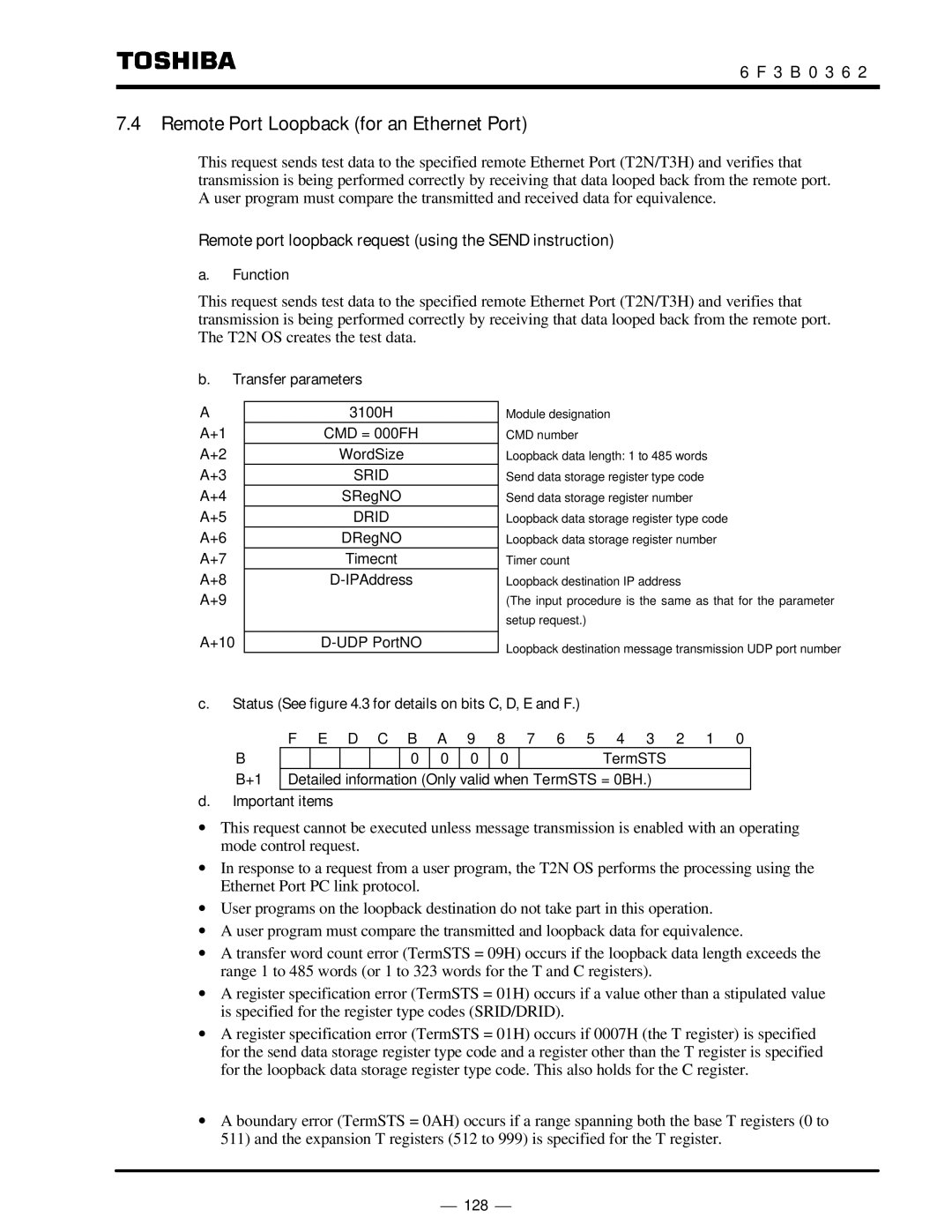 Toshiba T2N Remote Port Loopback for an Ethernet Port, Remote port loopback request using the Send instruction 