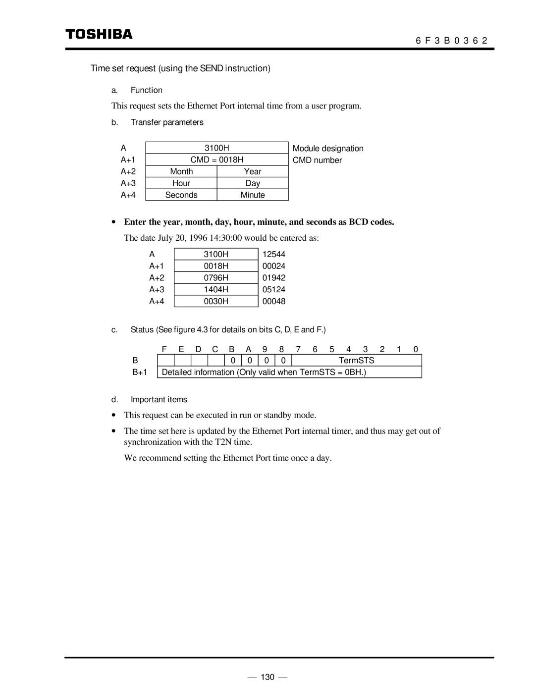 Toshiba T2N instruction manual 3 B 0 3 6 Time set request using the Send instruction 