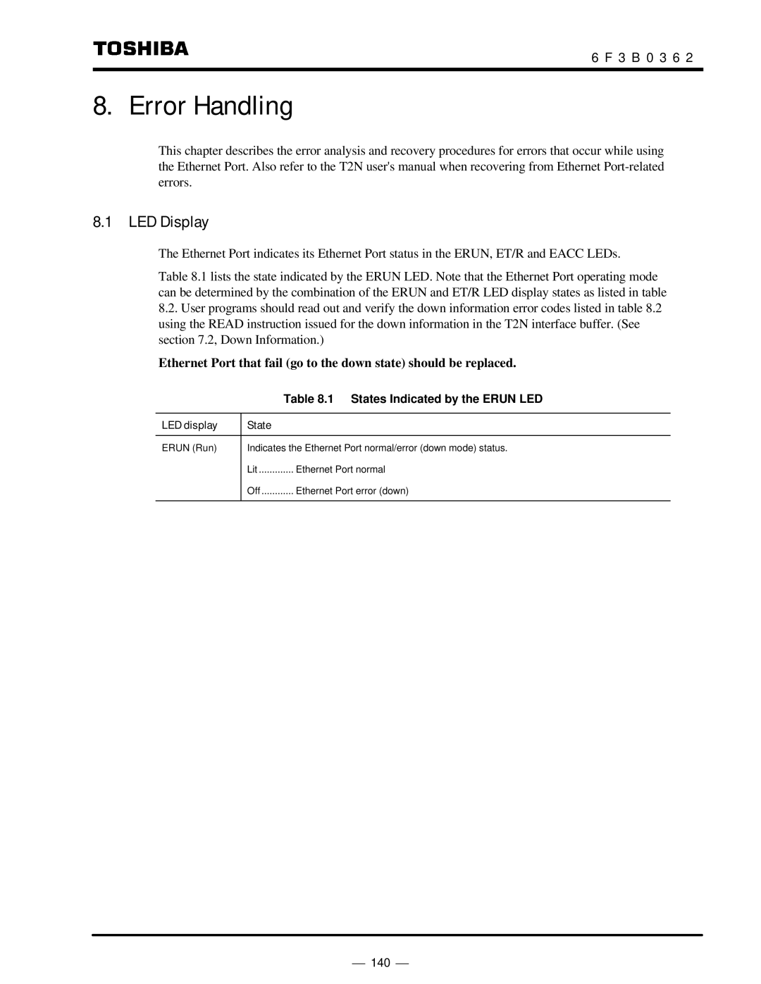 Toshiba T2N instruction manual LED Display, States Indicated by the Erun LED, LED display State 