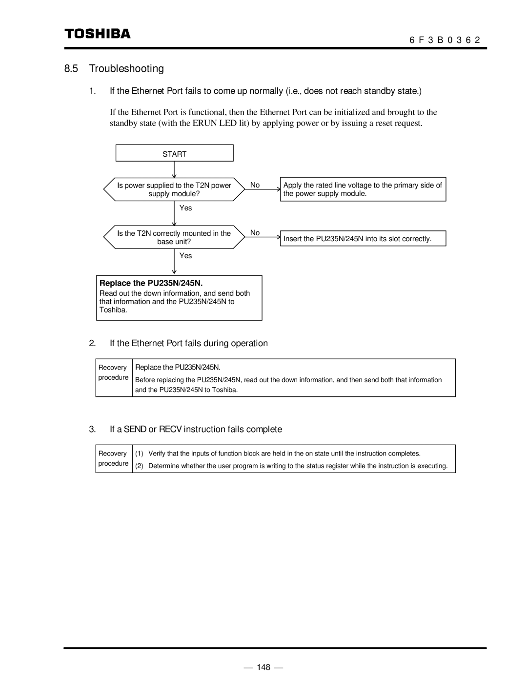 Toshiba T2N Troubleshooting, If the Ethernet Port fails during operation, If a Send or Recv instruction fails complete 