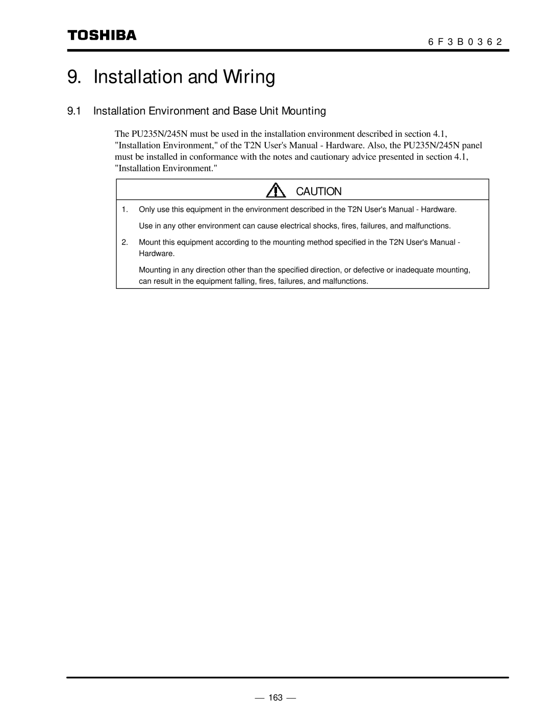 Toshiba T2N instruction manual Installation and Wiring, Installation Environment and Base Unit Mounting 