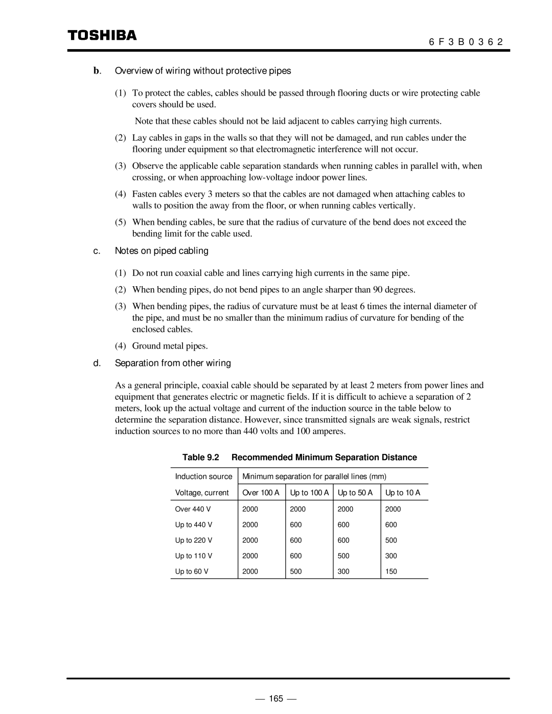 Toshiba T2N instruction manual 3 B 0 3 6 Overview of wiring without protective pipes, Separation from other wiring 