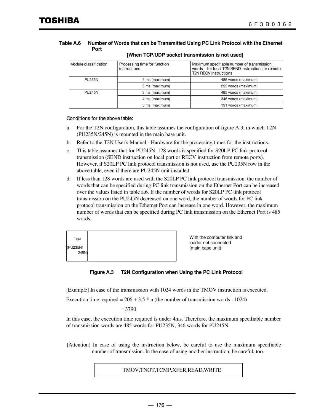 Toshiba instruction manual Conditions for the above table, Figure A.3 T2N Configuration when Using the PC Link Protocol 