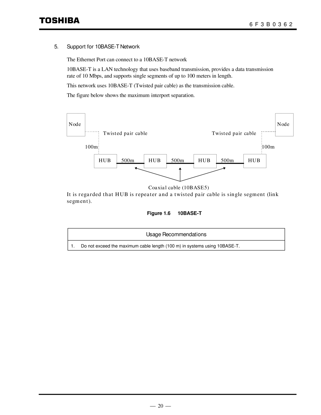 Toshiba T2N instruction manual 3 B 0 3 6 Support for 10BASE-T Network 