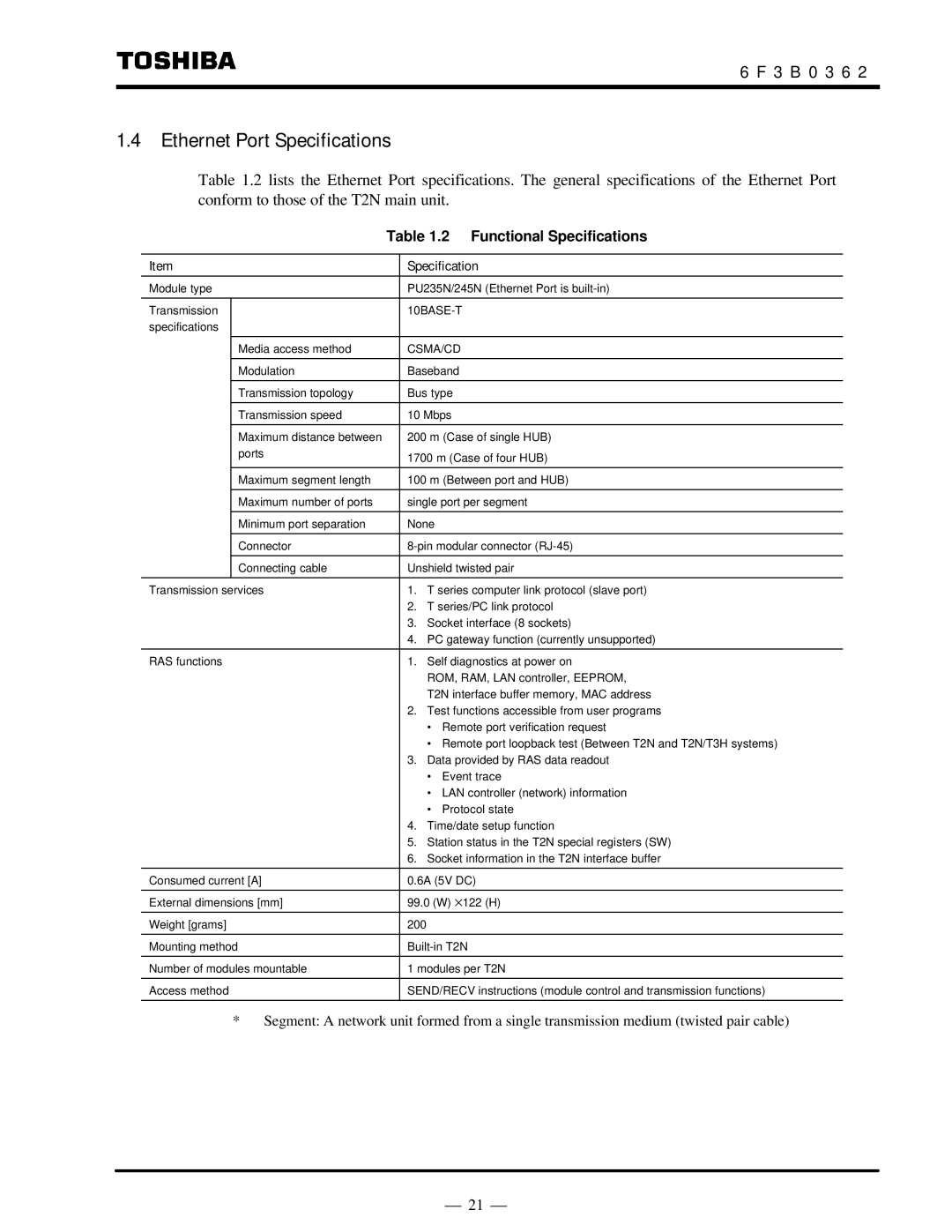 Toshiba T2N instruction manual Ethernet Port Specifications, Functional Specifications 