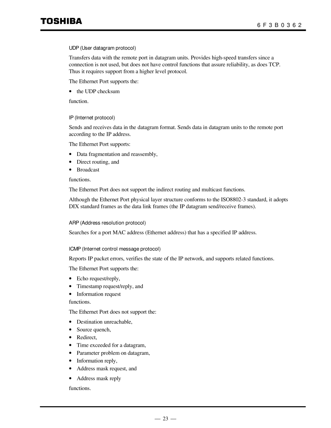 Toshiba T2N instruction manual UDP User datagram protocol, IP Internet protocol, ARP Address resolution protocol 