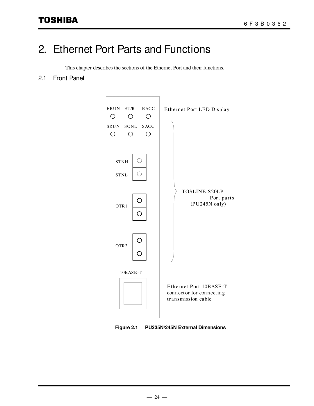 Toshiba T2N instruction manual Front Panel, PU235N/245N External Dimensions 