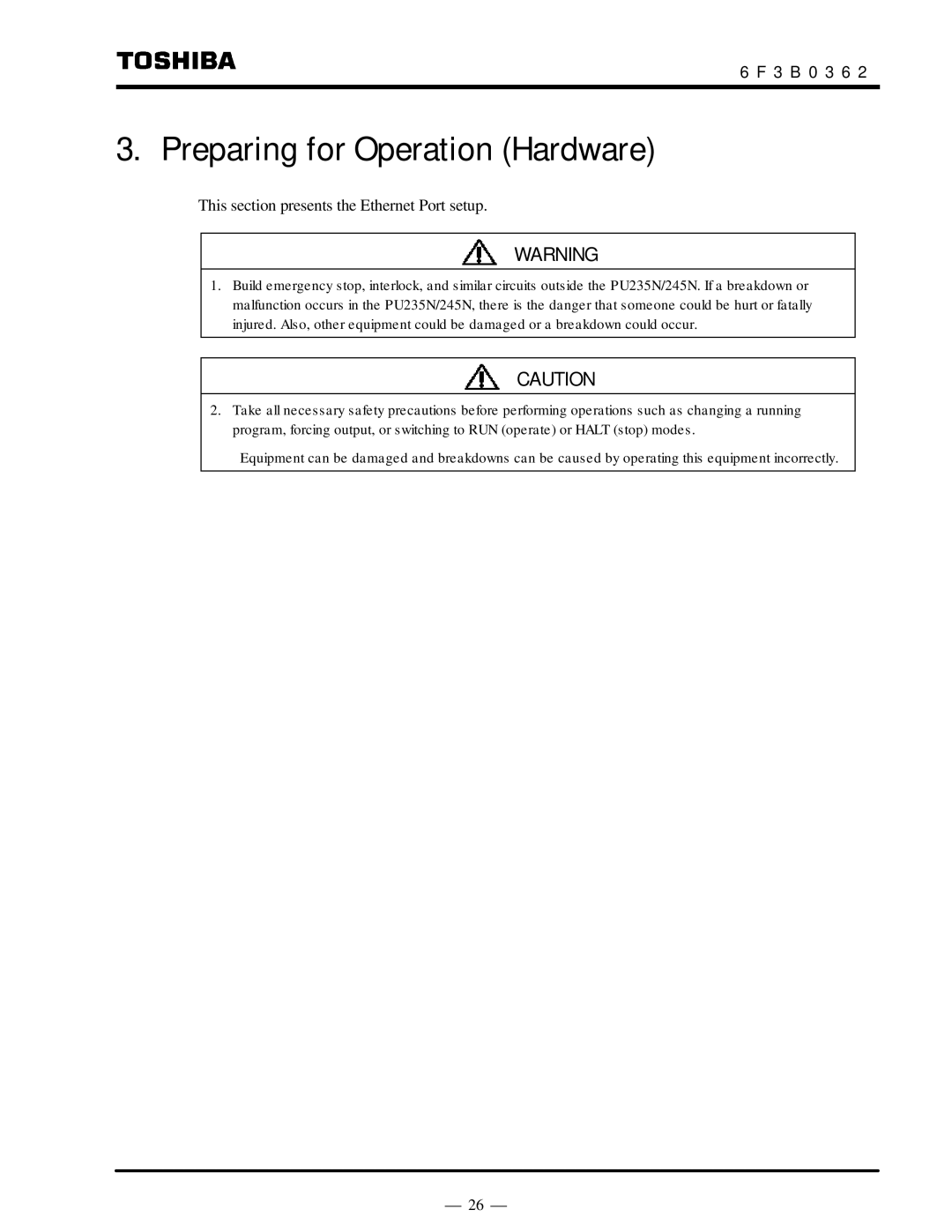 Toshiba T2N instruction manual Preparing for Operation Hardware 