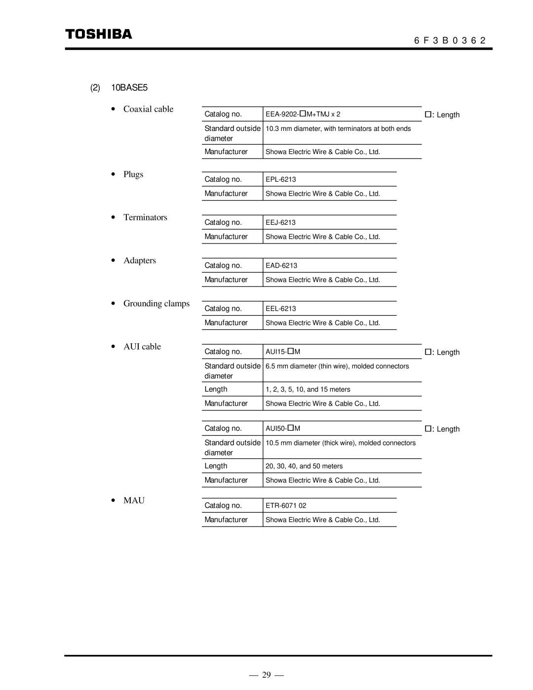 Toshiba T2N instruction manual 3 B 0 3 6 10BASE5, Diameter Manufacturer, Diameter Length, Manufacturer Catalog no 