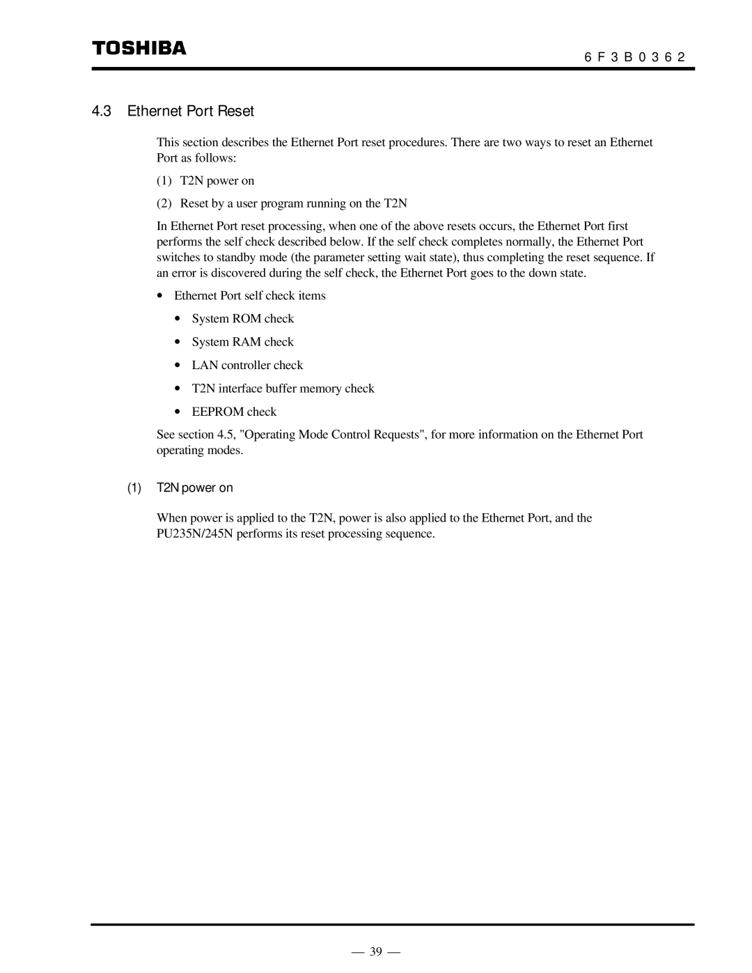 Toshiba instruction manual Ethernet Port Reset, T2N power on 