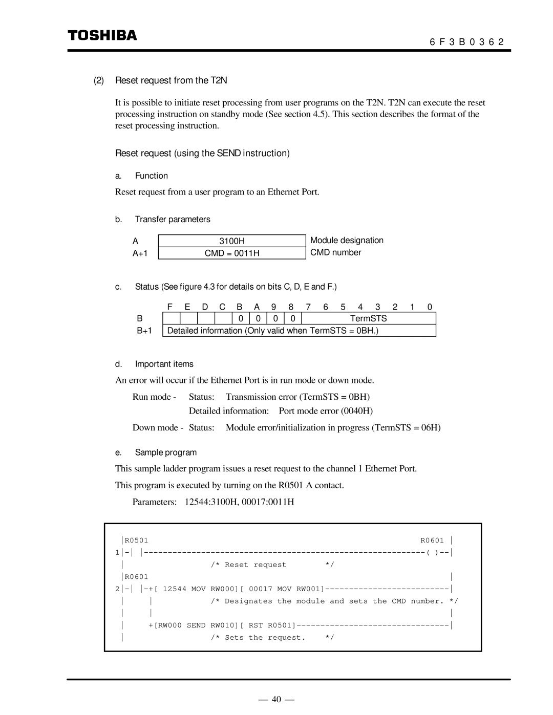 Toshiba instruction manual 3 B 0 3 6 Reset request from the T2N, Reset request using the Send instruction 