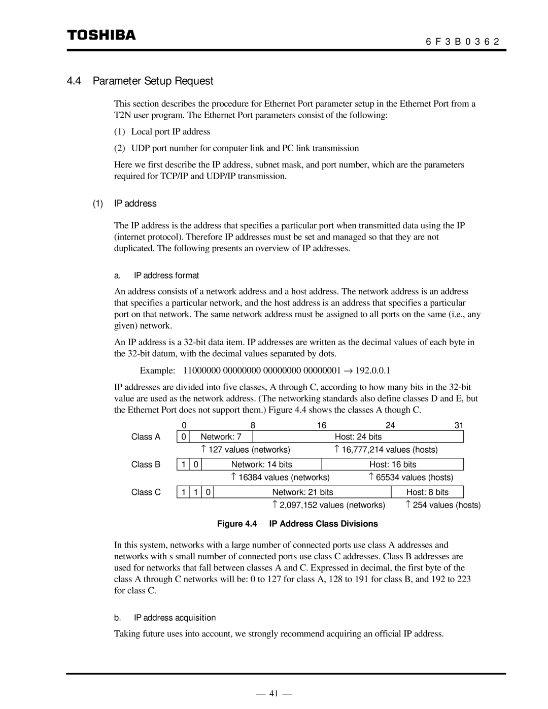 Toshiba T2N instruction manual Parameter Setup Request, IP address format, IP address acquisition 