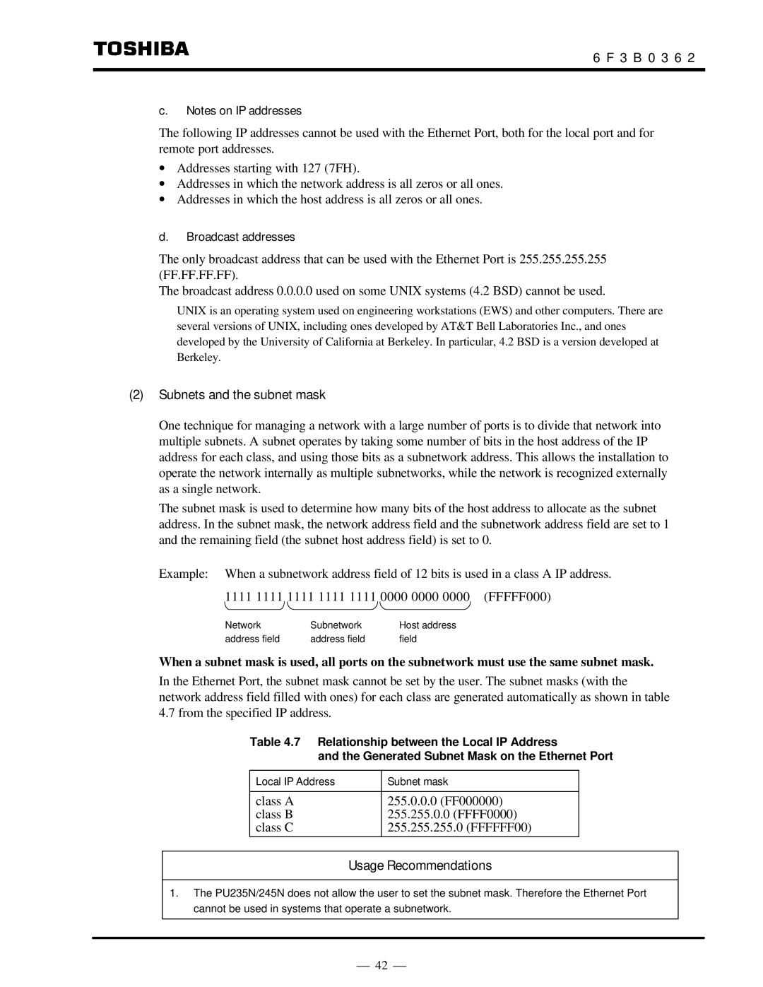 Toshiba T2N instruction manual Subnets and the subnet mask, Broadcast addresses 