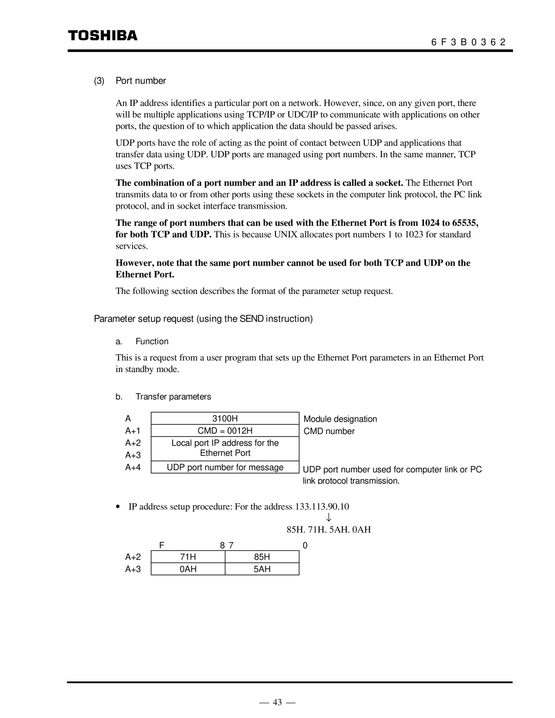 Toshiba T2N instruction manual 3 B 0 3 6 Port number, Parameter setup request using the Send instruction 