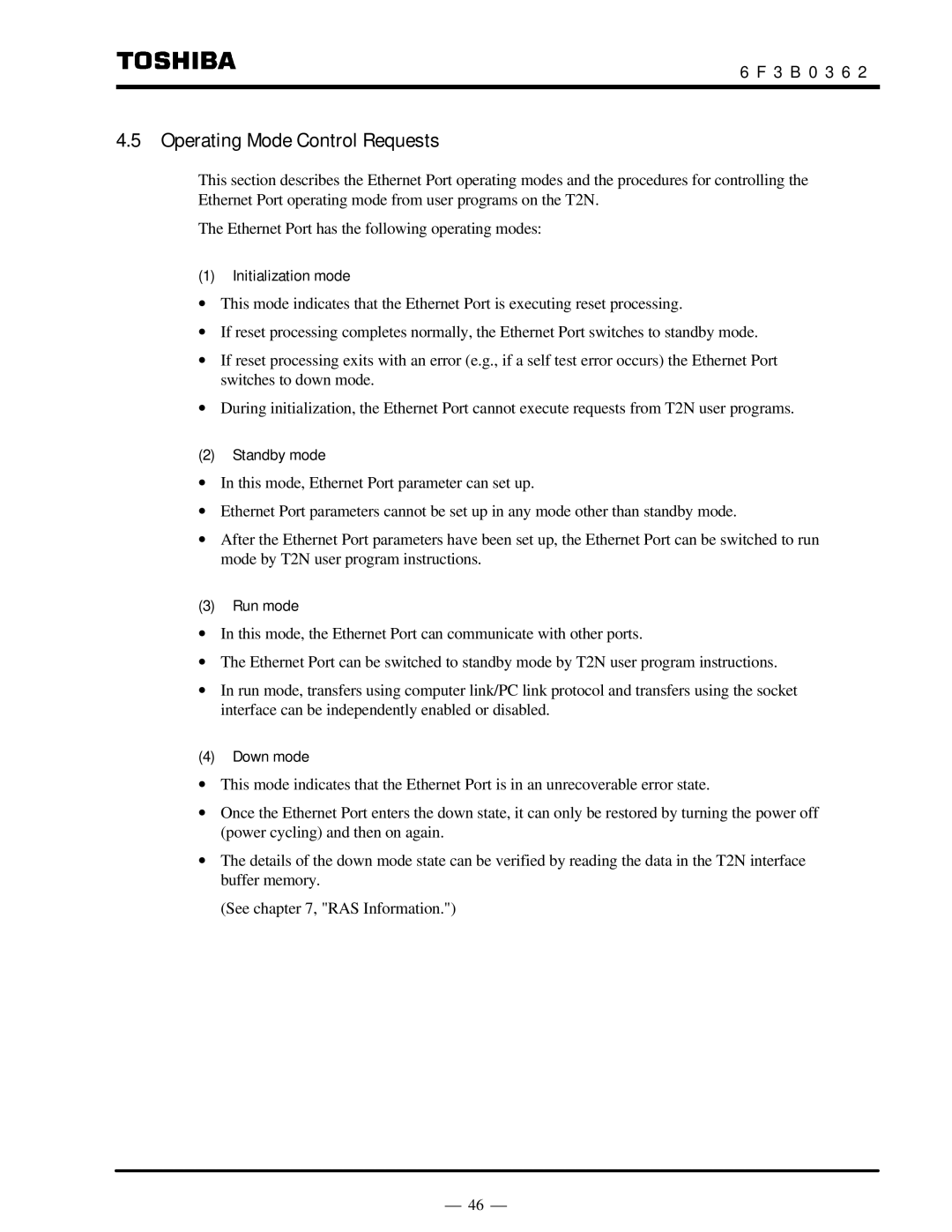 Toshiba T2N instruction manual Operating Mode Control Requests, Initialization mode, Standby mode, Run mode, Down mode 