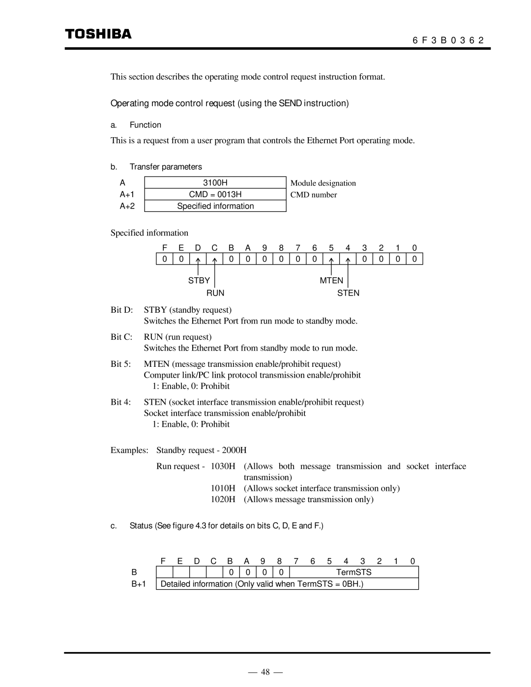 Toshiba T2N instruction manual Operating mode control request using the Send instruction, Function 