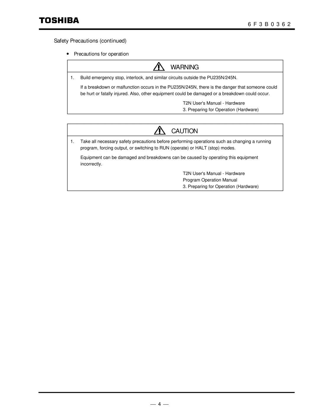 Toshiba T2N instruction manual ∙ Precautions for operation 