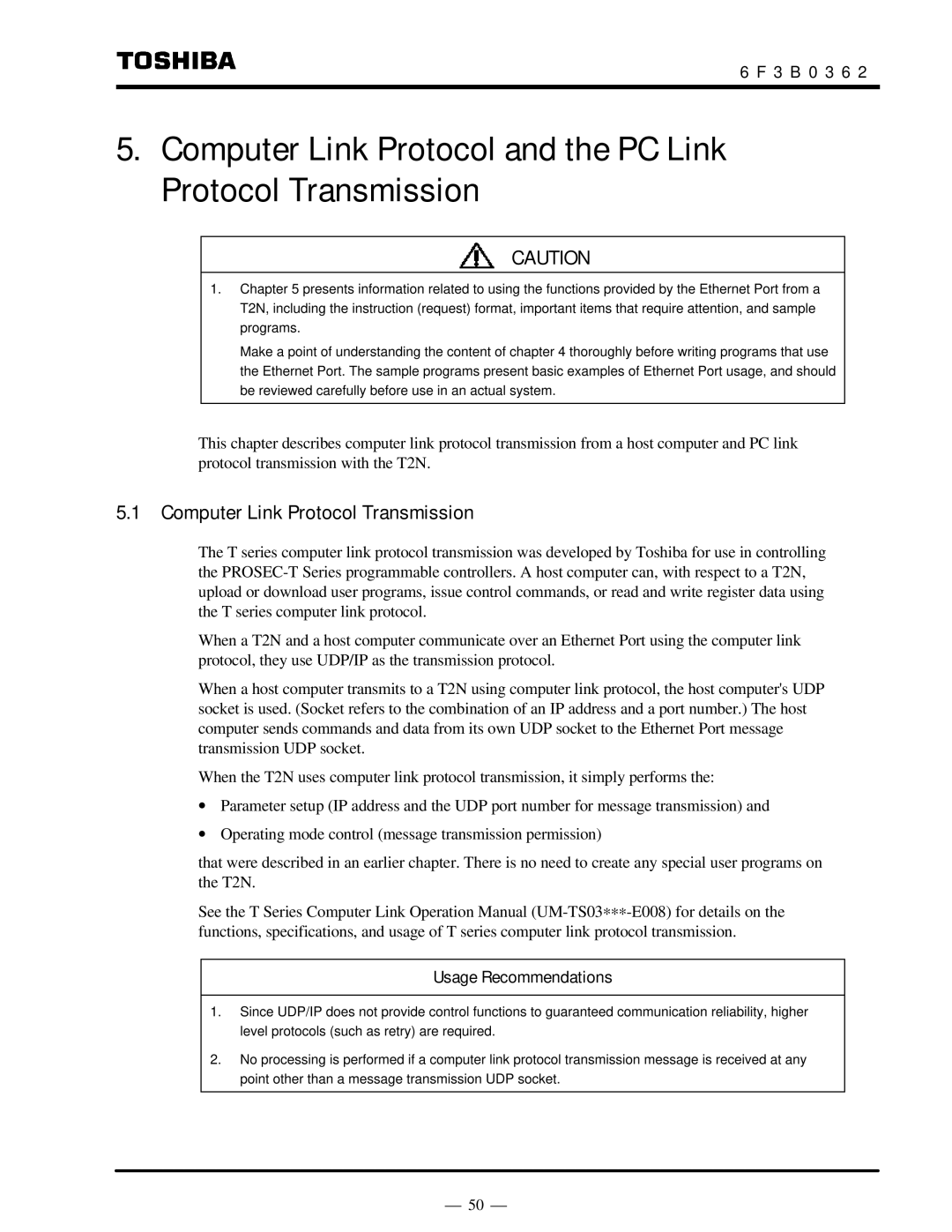 Toshiba T2N instruction manual Computer Link Protocol Transmission, Usage Recommendations 