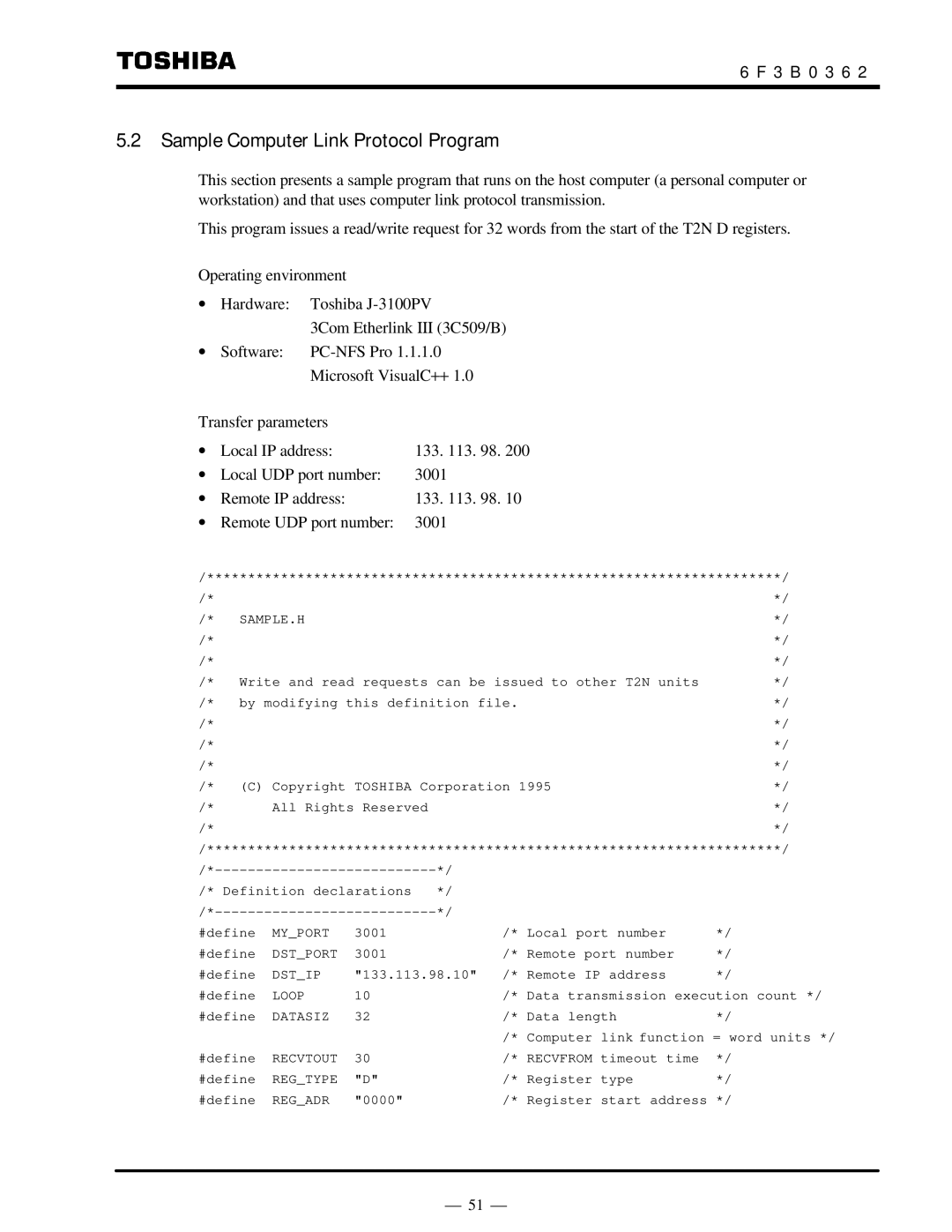 Toshiba T2N instruction manual Sample Computer Link Protocol Program, ∙ Remote UDP port number 