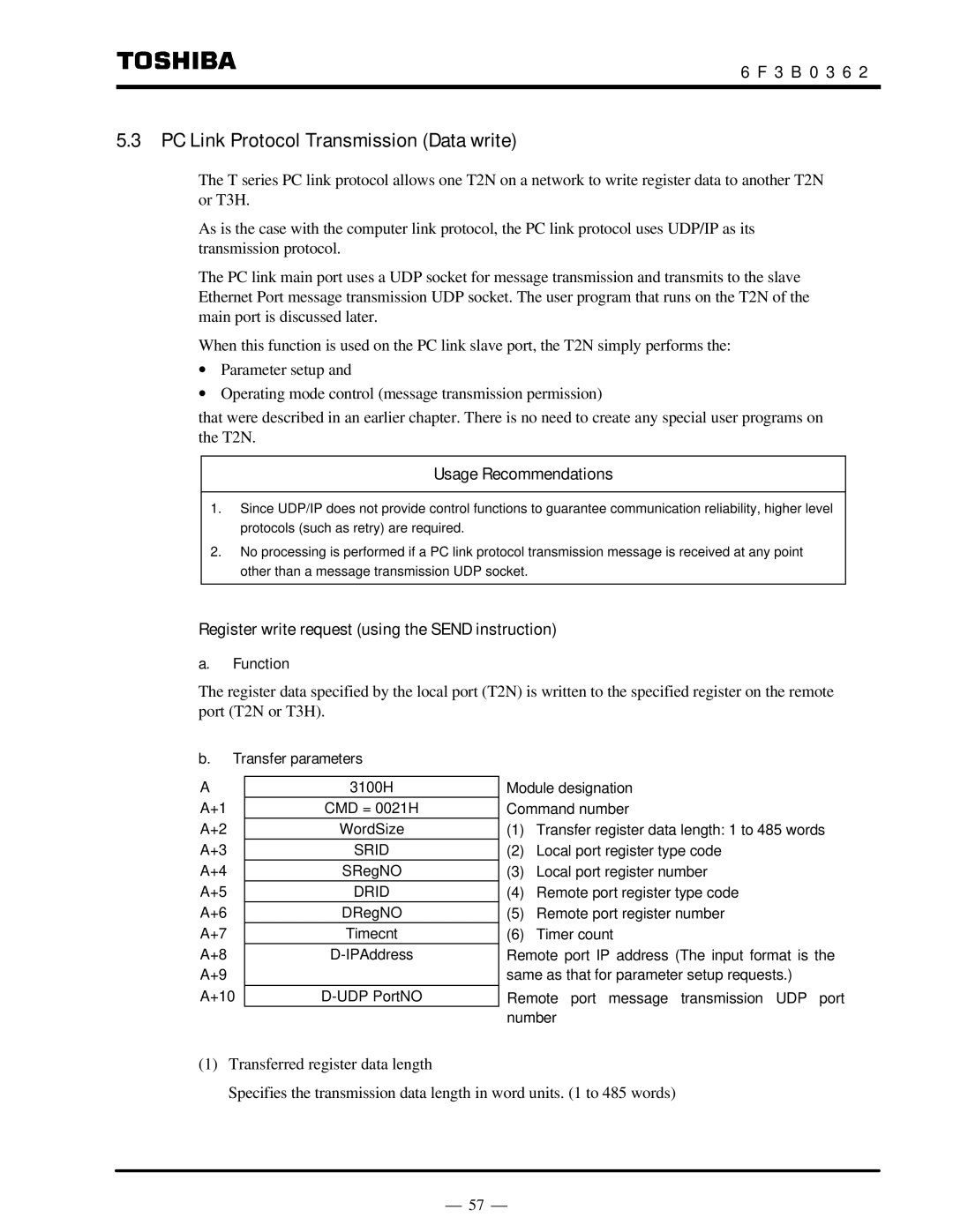 Toshiba T2N instruction manual PC Link Protocol Transmission Data write, Register write request using the Send instruction 