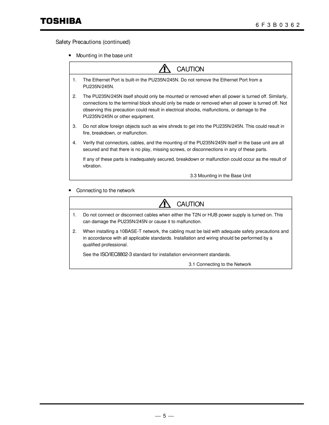 Toshiba T2N instruction manual ∙ Mounting in the base unit, ∙ Connecting to the network 