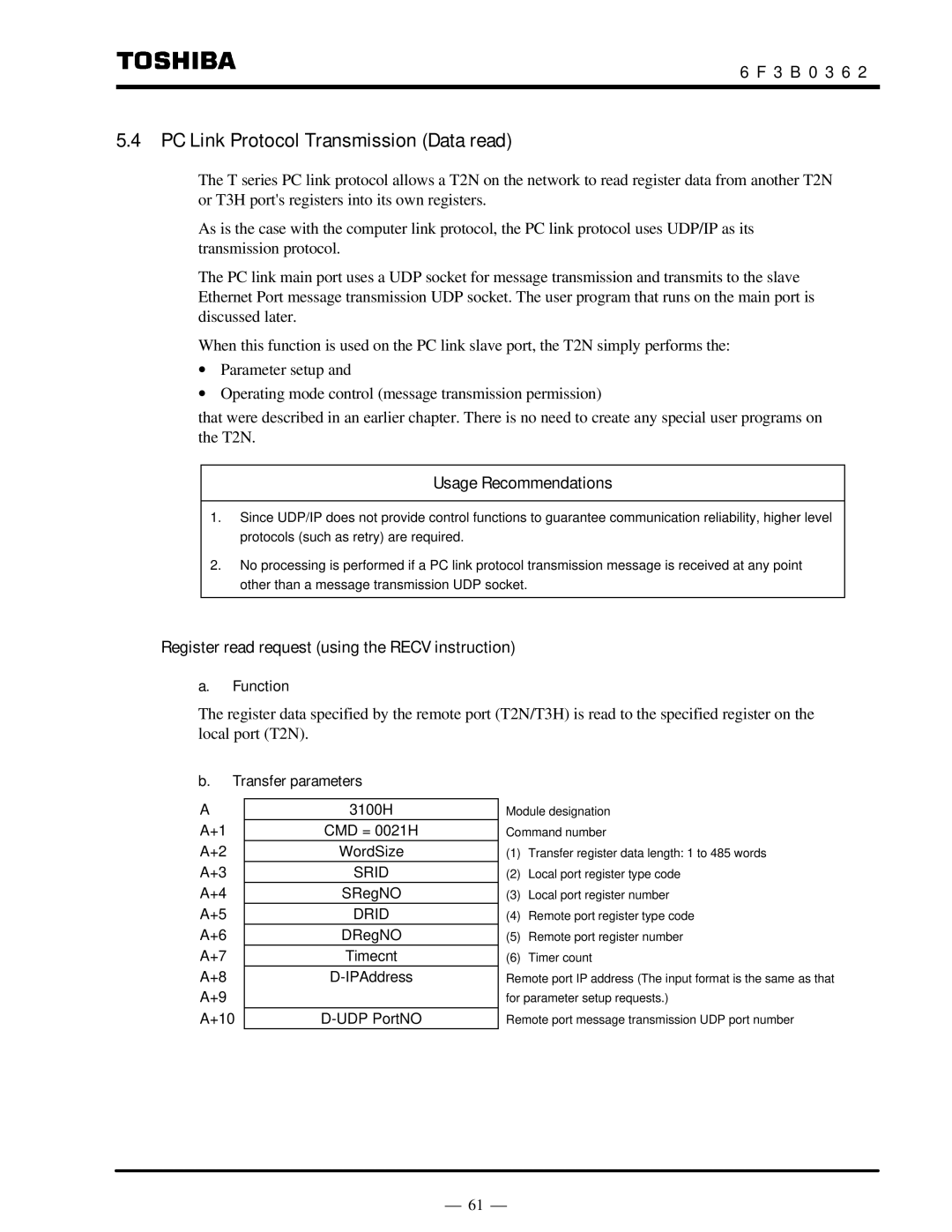 Toshiba T2N instruction manual PC Link Protocol Transmission Data read, Register read request using the Recv instruction 